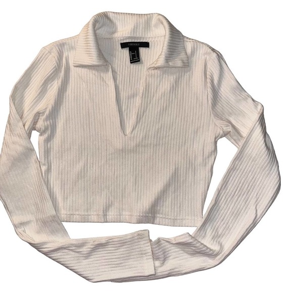 FOREVER 21 Ribbed Knit Long Sleeve Collared Crop Top Sweater | Size Small - Picture 1 of 5